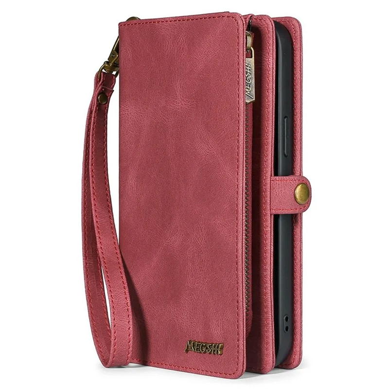 MEGSHI 017 Series Handy Strap Drop-proof Magnetic Absorption Multi-function Zippered Wallet Detachable Leather Cover for Samsung Galaxy S21 FE 5G/S21 Fan Edition - Red