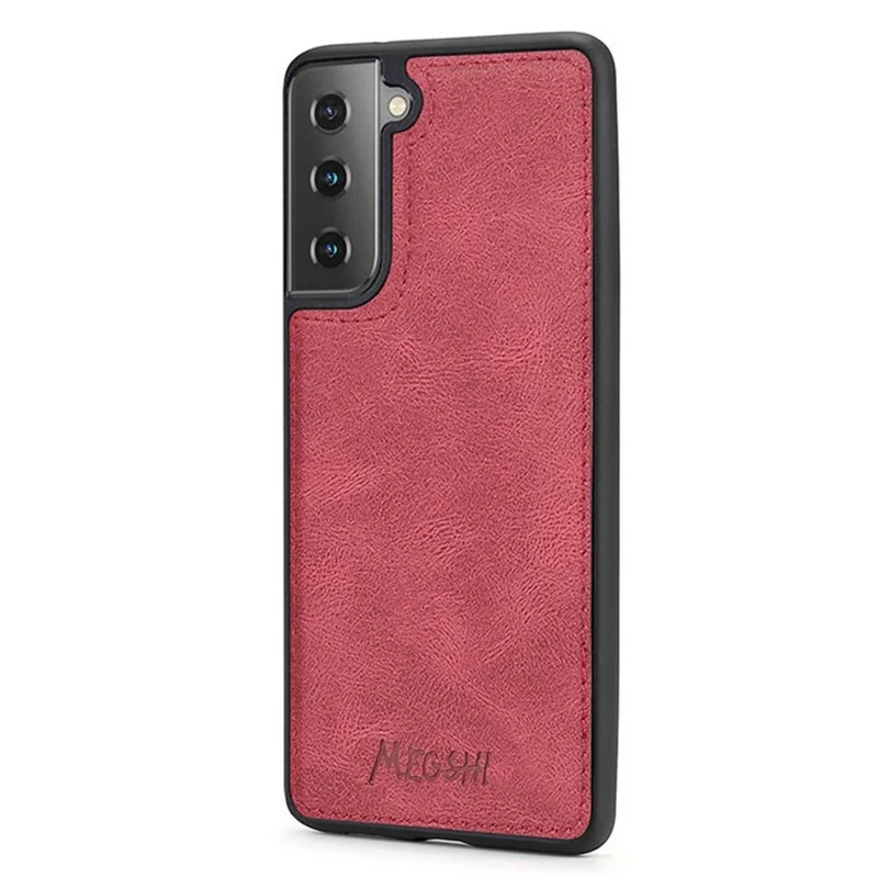 MEGSHI 017 Series Handy Strap Drop-proof Magnetic Absorption Multi-function Zippered Wallet Detachable Leather Cover for Samsung Galaxy S21 FE 5G/S21 Fan Edition - Red