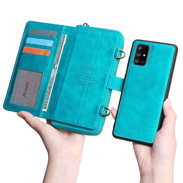 MEGSHI 020 Series Magnetic Absorption Wallet Anti-fall Detachable Design PU Leather TPU Case Shell with Long Strap for Samsung Galaxy A71 5G SM-A716 - Blue