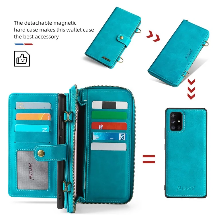 MEGSHI 020 Series Magnetic Absorption Wallet Anti-fall Detachable Design PU Leather TPU Case Shell with Long Strap for Samsung Galaxy A71 5G SM-A716 - Blue