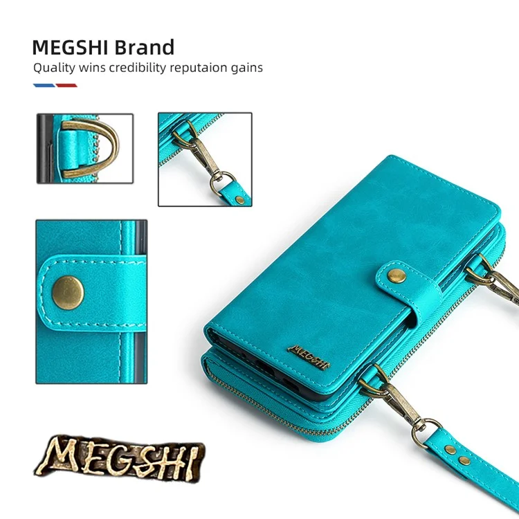 MEGSHI 020 Series Magnetic Absorption Wallet Anti-fall Detachable Design PU Leather TPU Case Shell with Long Strap for Samsung Galaxy A71 5G SM-A716 - Blue