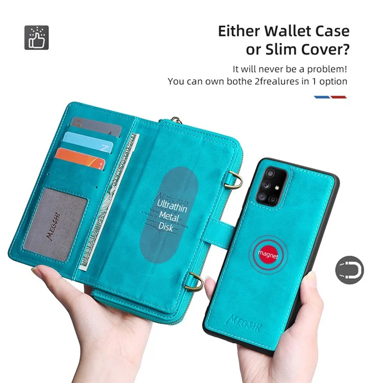 MEGSHI 020 Series Magnetic Absorption Wallet Anti-fall Detachable Design PU Leather TPU Case Shell with Long Strap for Samsung Galaxy A71 5G SM-A716 - Blue