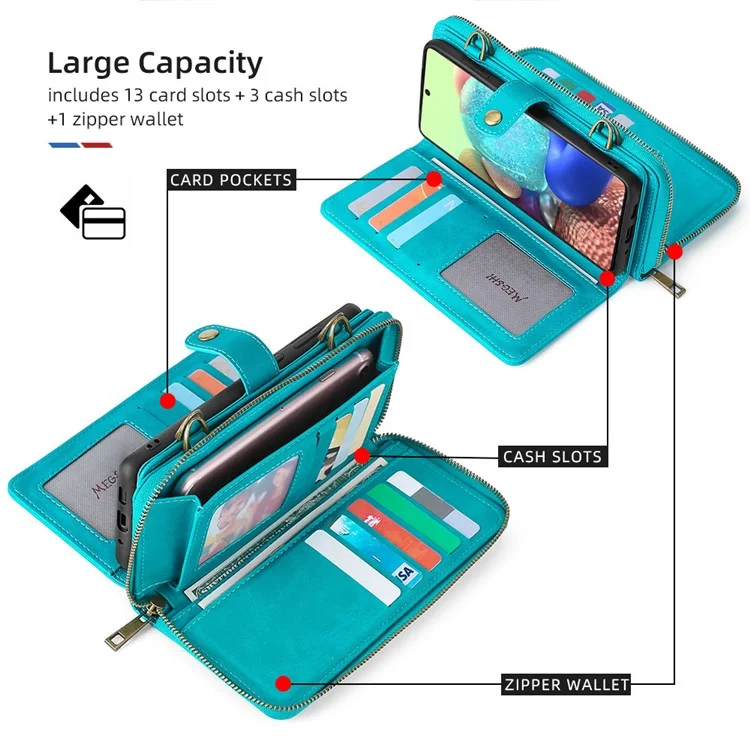 MEGSHI 020 Series Magnetic Absorption Wallet Anti-fall Detachable Design PU Leather TPU Case Shell with Long Strap for Samsung Galaxy A71 5G SM-A716 - Blue