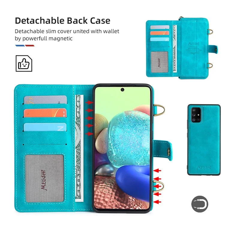 MEGSHI 020 Series Magnetic Absorption Wallet Anti-fall Detachable Design PU Leather TPU Case Shell with Long Strap for Samsung Galaxy A71 5G SM-A716 - Blue