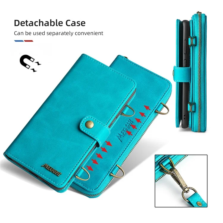 MEGSHI 020 Series Magnetic Absorption Wallet Anti-fall Detachable Design PU Leather TPU Case Shell with Long Strap for Samsung Galaxy A71 5G SM-A716 - Blue