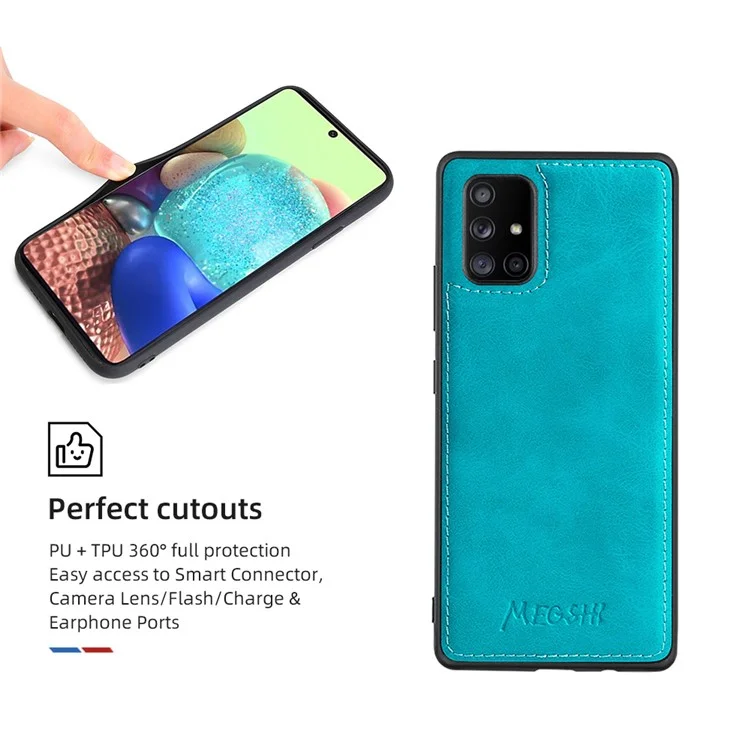 MEGSHI 020 Series Magnetic Absorption Wallet Anti-fall Detachable Design PU Leather TPU Case Shell with Long Strap for Samsung Galaxy A71 5G SM-A716 - Blue