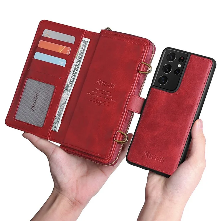 MEGSHI 020 Series Shockproof Anti-scratch Magnetic Wallet Detachable Design PU Leather TPU Cover Shell with Long Strap for Samsung Galaxy S21 Ultra 5G - Red