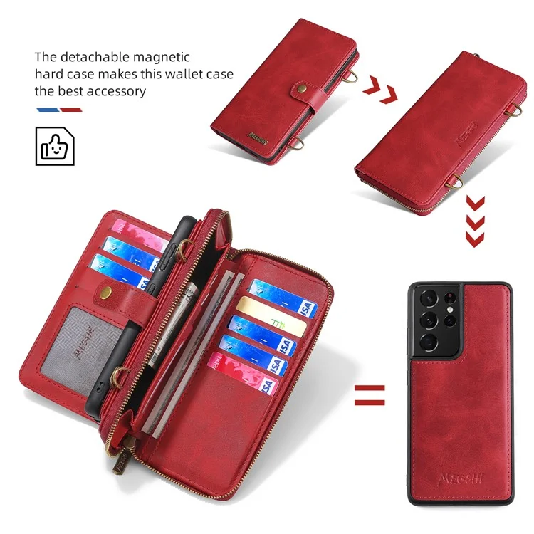MEGSHI 020 Series Shockproof Anti-scratch Magnetic Wallet Detachable Design PU Leather TPU Cover Shell with Long Strap for Samsung Galaxy S21 Ultra 5G - Red