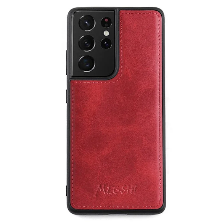 MEGSHI 020 Series Shockproof Anti-scratch Magnetic Wallet Detachable Design PU Leather TPU Cover Shell with Long Strap for Samsung Galaxy S21 Ultra 5G - Red