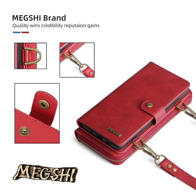 MEGSHI 020 Series Shockproof Anti-scratch Magnetic Wallet Detachable Design PU Leather TPU Cover Shell with Long Strap for Samsung Galaxy S21 Ultra 5G - Red
