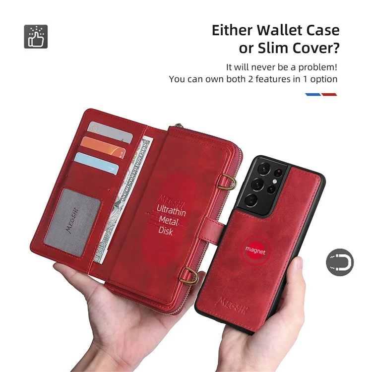 MEGSHI 020 Series Shockproof Anti-scratch Magnetic Wallet Detachable Design PU Leather TPU Cover Shell with Long Strap for Samsung Galaxy S21 Ultra 5G - Red