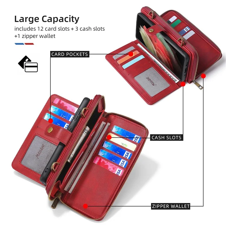 MEGSHI 020 Series Shockproof Anti-scratch Magnetic Wallet Detachable Design PU Leather TPU Cover Shell with Long Strap for Samsung Galaxy S21 Ultra 5G - Red