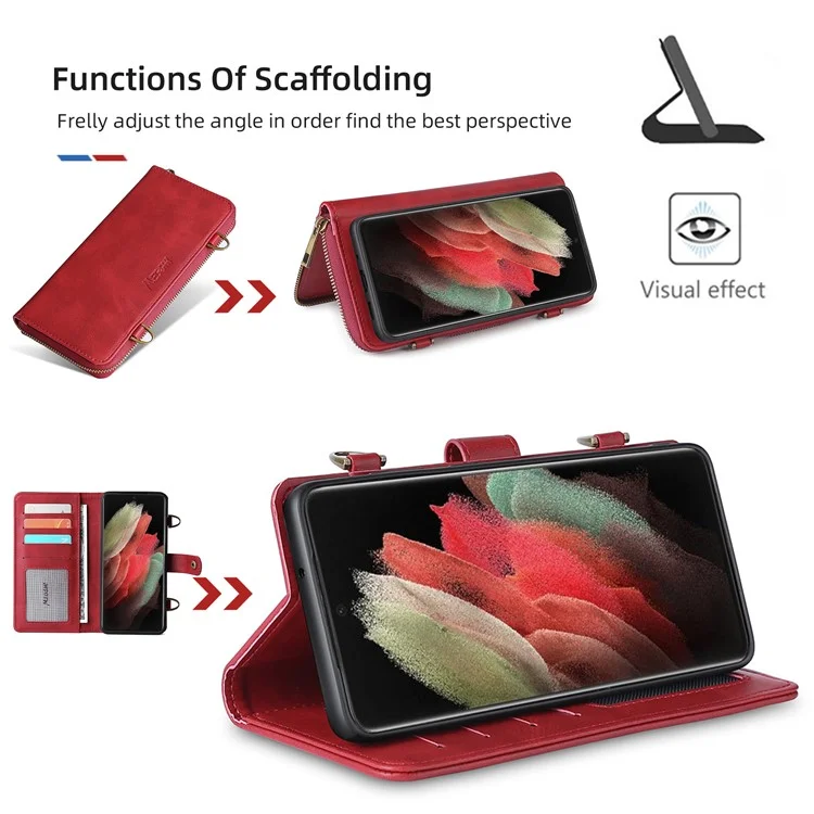 MEGSHI 020 Series Shockproof Anti-scratch Magnetic Wallet Detachable Design PU Leather TPU Cover Shell with Long Strap for Samsung Galaxy S21 Ultra 5G - Red