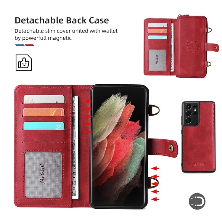 MEGSHI 020 Series Shockproof Anti-scratch Magnetic Wallet Detachable Design PU Leather TPU Cover Shell with Long Strap for Samsung Galaxy S21 Ultra 5G - Red