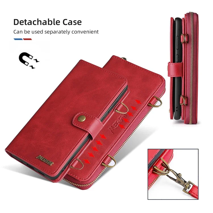 MEGSHI 020 Series Shockproof Anti-scratch Magnetic Wallet Detachable Design PU Leather TPU Cover Shell with Long Strap for Samsung Galaxy S21 Ultra 5G - Red
