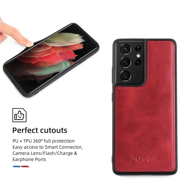 MEGSHI 020 Series Shockproof Anti-scratch Magnetic Wallet Detachable Design PU Leather TPU Cover Shell with Long Strap for Samsung Galaxy S21 Ultra 5G - Red