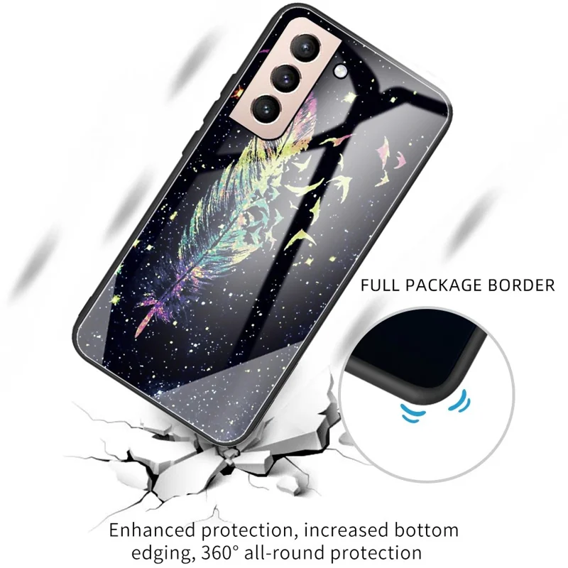 Wear-Resistant Shockproof Pattern Printing Tempered Glass + TPU Phone Protective Cover for Samsung Galaxy S22 5G - Feather