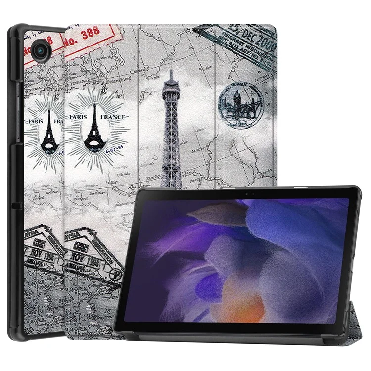 For Samsung Galaxy Tab A8 10.5 (2021) SM-X205 / SM-X200 Trifold Stand Pattern Printing Hard PC Soft PU Leather Tablet Cover - Eiffel Tower and Map