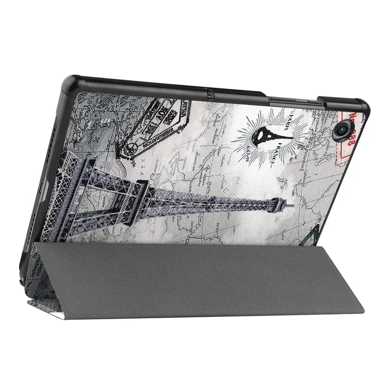 For Samsung Galaxy Tab A8 10.5 (2021) SM-X205 / SM-X200 Trifold Stand Pattern Printing Hard PC Soft PU Leather Tablet Cover - Eiffel Tower and Map