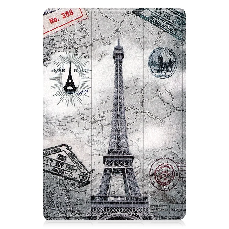 For Samsung Galaxy Tab A8 10.5 (2021) SM-X205 / SM-X200 Trifold Stand Pattern Printing Hard PC Soft PU Leather Tablet Cover - Eiffel Tower and Map