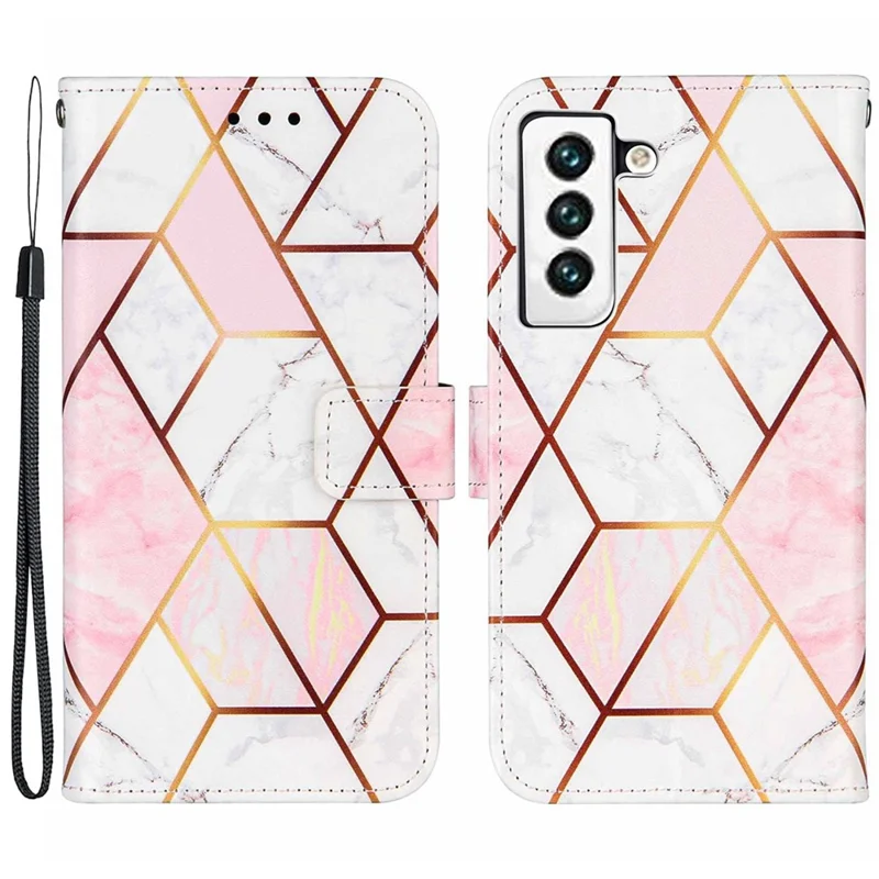 Marble Pattern Splicing Well-Protected Stylish Leather Case Wallet Stand Phone Cover with Handy Strap for Samsung Galaxy S22 5G - Pink/White