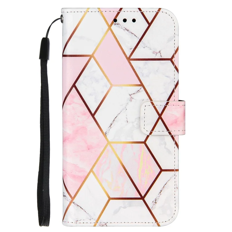 Marble Pattern Splicing Well-Protected Stylish Leather Case Wallet Stand Phone Cover with Handy Strap for Samsung Galaxy S22 5G - Pink/White