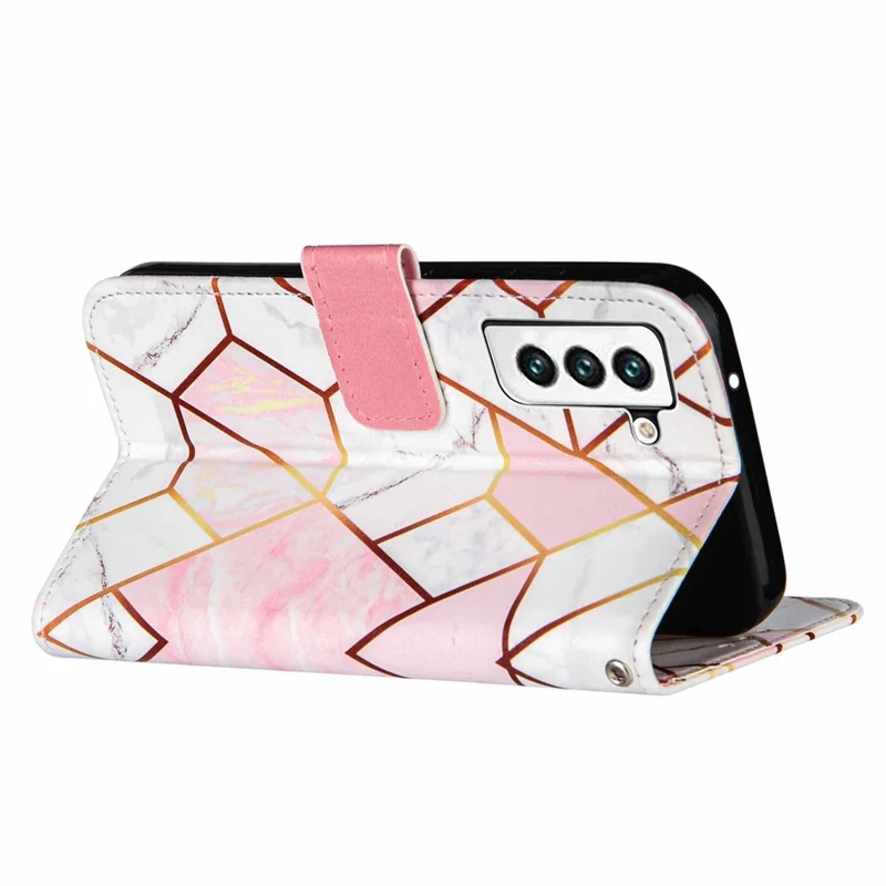 Marble Pattern Splicing Well-Protected Stylish Leather Case Wallet Stand Phone Cover with Handy Strap for Samsung Galaxy S22 5G - Pink/White