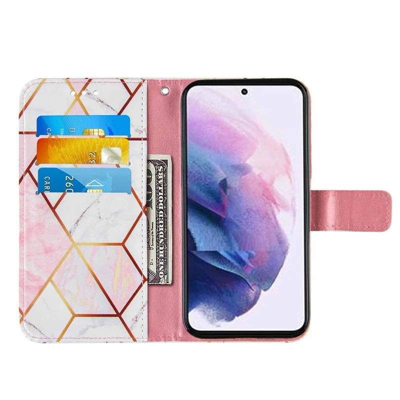 Marble Pattern Splicing Well-Protected Stylish Leather Case Wallet Stand Phone Cover with Handy Strap for Samsung Galaxy S22 5G - Pink/White