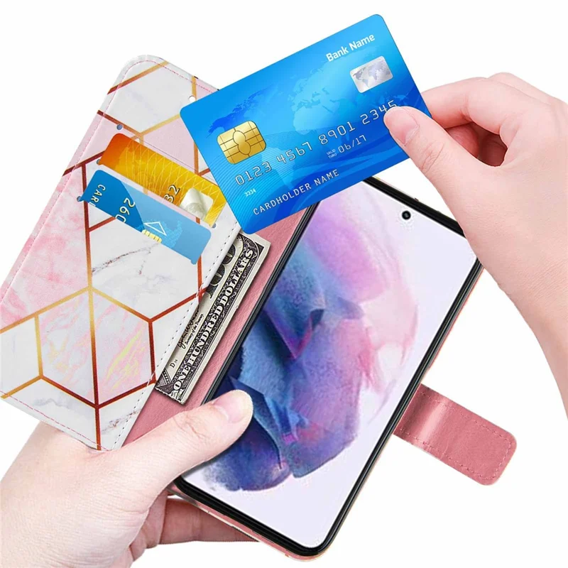 Marble Pattern Splicing Well-Protected Stylish Leather Case Wallet Stand Phone Cover with Handy Strap for Samsung Galaxy S22 5G - Pink/White
