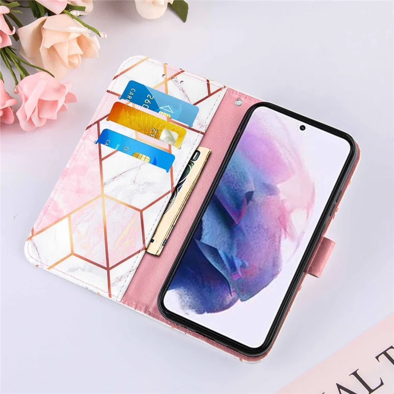 Marble Pattern Splicing Well-Protected Stylish Leather Case Wallet Stand Phone Cover with Handy Strap for Samsung Galaxy S22 5G - Pink/White