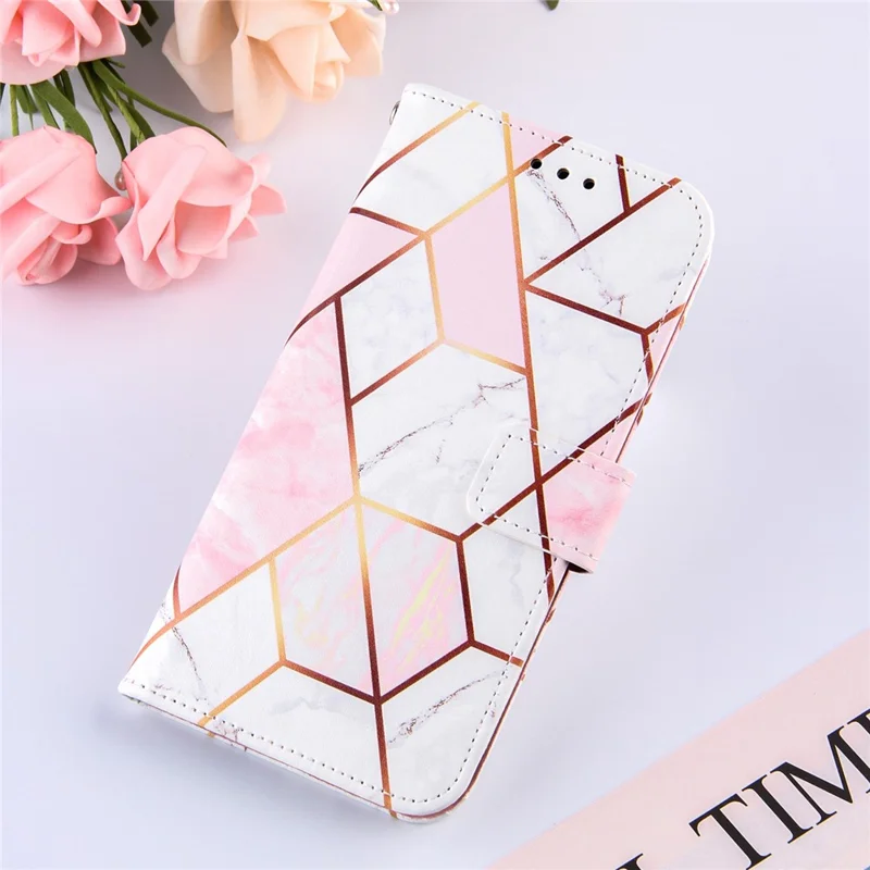 Marble Pattern Splicing Well-Protected Stylish Leather Case Wallet Stand Phone Cover with Handy Strap for Samsung Galaxy S22 5G - Pink/White