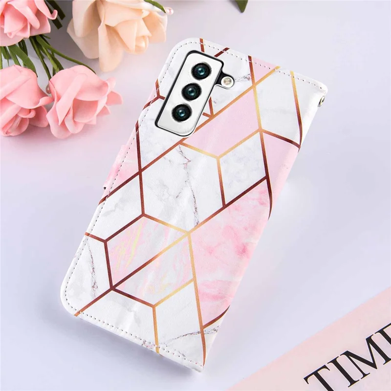 Marble Pattern Splicing Well-Protected Stylish Leather Case Wallet Stand Phone Cover with Handy Strap for Samsung Galaxy S22 5G - Pink/White