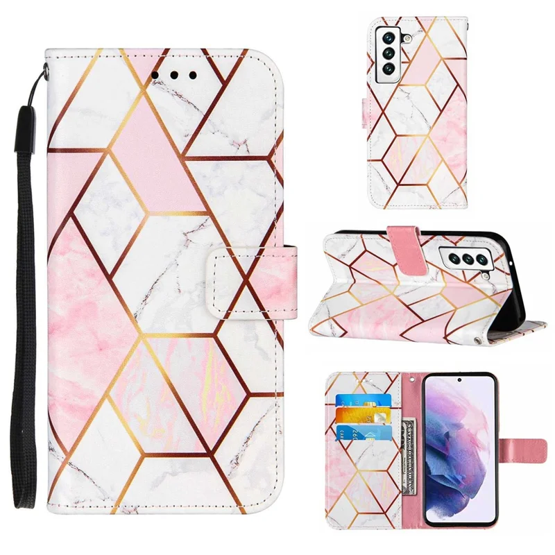 Marble Pattern Splicing Well-Protected Stylish Leather Case Wallet Stand Phone Cover with Handy Strap for Samsung Galaxy S22 5G - Pink/White