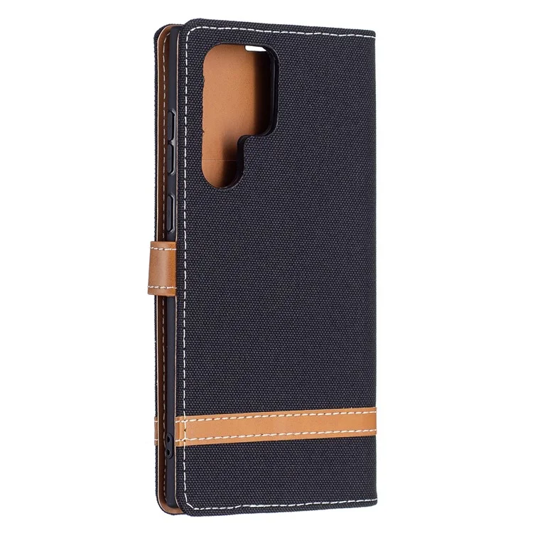 Pour Samsung Galaxy S22 Ultra 5G Mode Colour Splicing Jeans Cloth Magnetic Clasp Anti-Drop Stand PU Leather Wallet Leather Phone Case - Noir