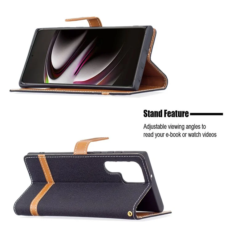 Pour Samsung Galaxy S22 Ultra 5G Mode Colour Splicing Jeans Cloth Magnetic Clasp Anti-Drop Stand PU Leather Wallet Leather Phone Case - Noir
