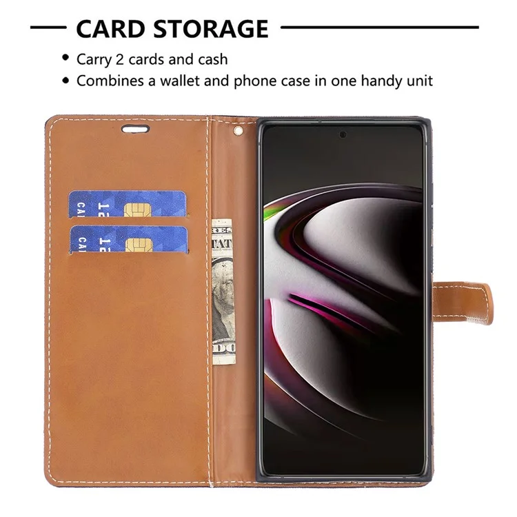 Pour Samsung Galaxy S22 Ultra 5G Mode Colour Splicing Jeans Cloth Magnetic Clasp Anti-Drop Stand PU Leather Wallet Leather Phone Case - Noir