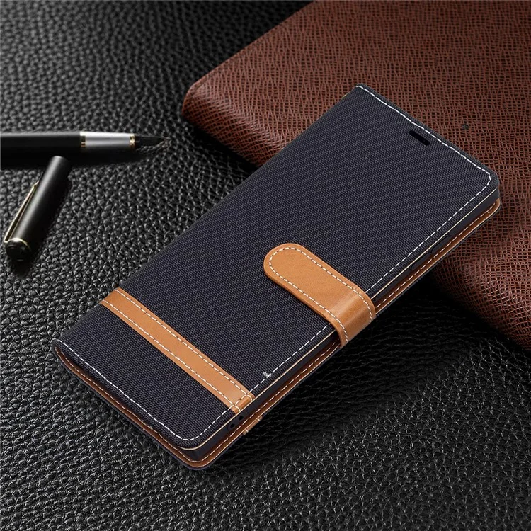 Pour Samsung Galaxy S22 Ultra 5G Mode Colour Splicing Jeans Cloth Magnetic Clasp Anti-Drop Stand PU Leather Wallet Leather Phone Case - Noir