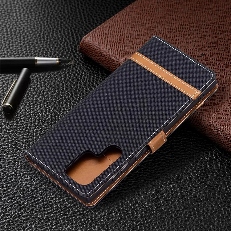 Pour Samsung Galaxy S22 Ultra 5G Mode Colour Splicing Jeans Cloth Magnetic Clasp Anti-Drop Stand PU Leather Wallet Leather Phone Case - Noir