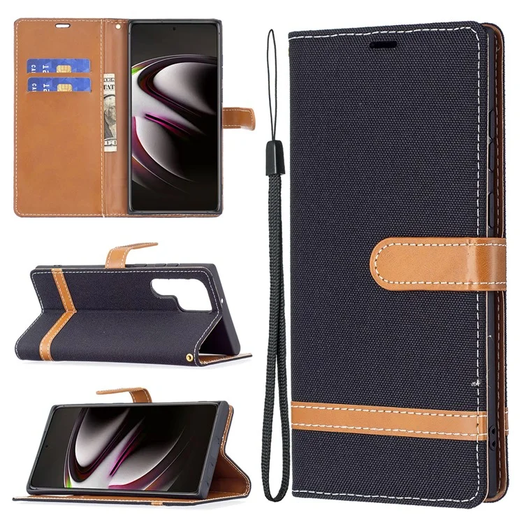 Pour Samsung Galaxy S22 Ultra 5G Mode Colour Splicing Jeans Cloth Magnetic Clasp Anti-Drop Stand PU Leather Wallet Leather Phone Case - Noir