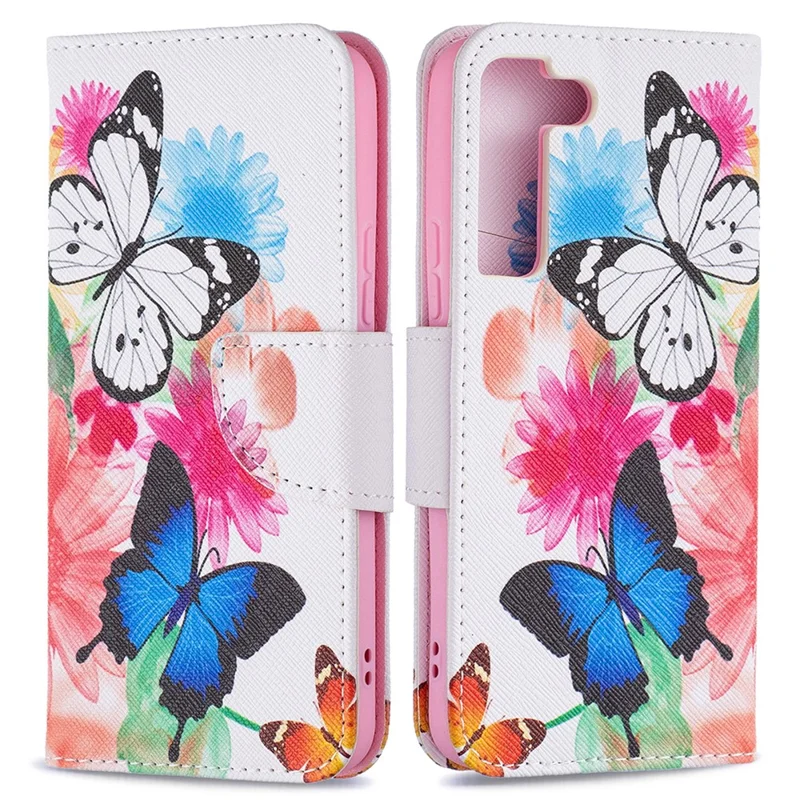 Stylish Pattern Printing PU Leather Wallet Case Stand Magnetic Closure Flip Cover for Samsung Galaxy S22 5G - Two Butterflies