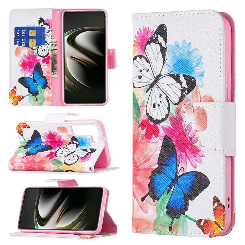 Stylish Pattern Printing PU Leather Wallet Case Stand Magnetic Closure Flip Cover for Samsung Galaxy S22 5G - Two Butterflies