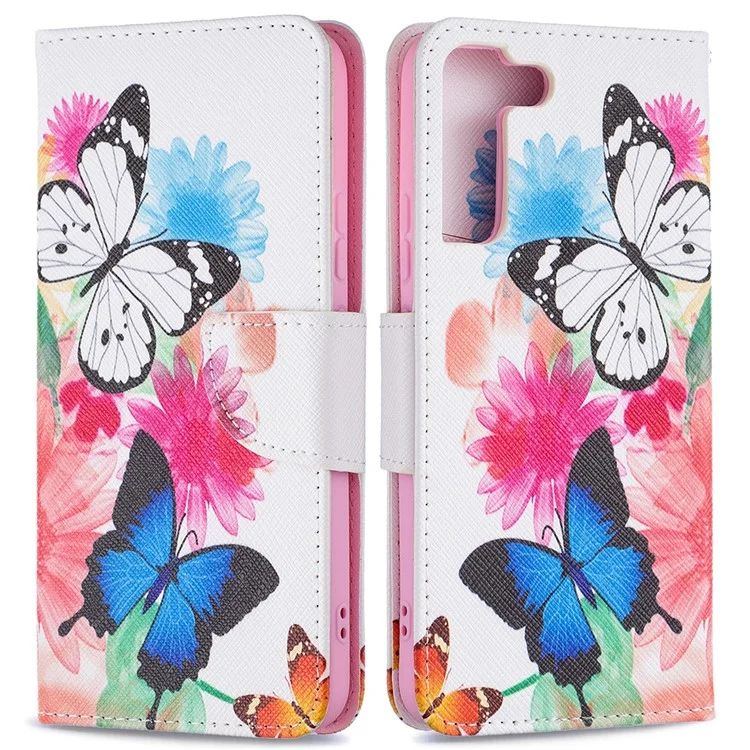 Musterdruck PU Leder Flip Wallet Hülle Stand Allround Protective Case Cover Für Samsung Galaxy S22+ 5g - Zwei Schmetterlinge