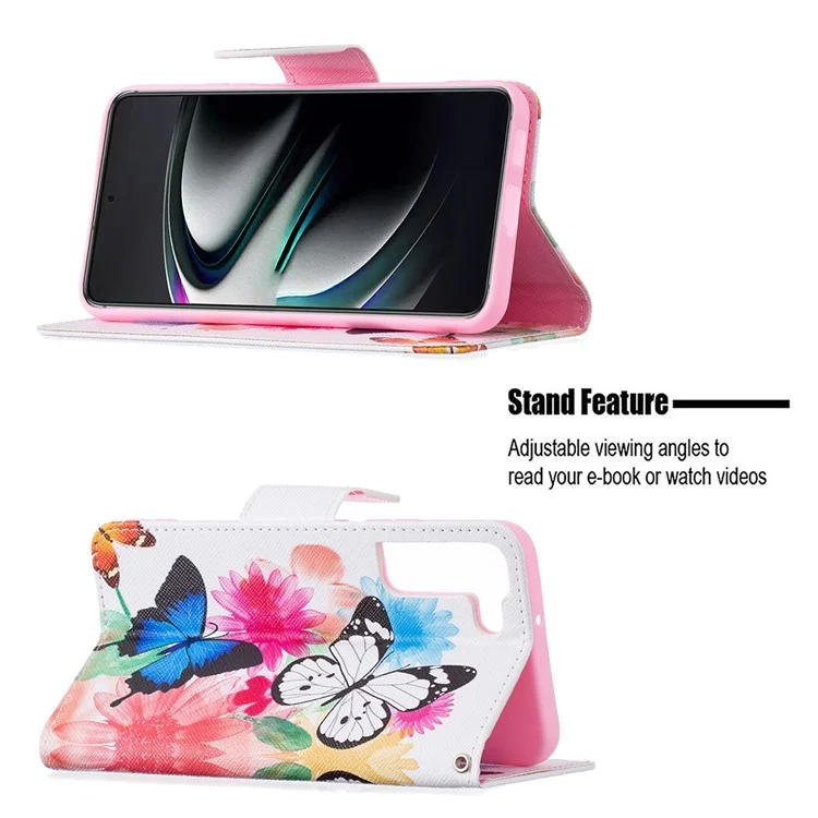 Musterdruck PU Leder Flip Wallet Hülle Stand Allround Protective Case Cover Für Samsung Galaxy S22+ 5g - Zwei Schmetterlinge