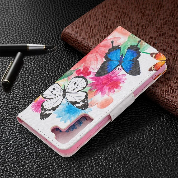 Musterdruck PU Leder Flip Wallet Hülle Stand Allround Protective Case Cover Für Samsung Galaxy S22+ 5g - Zwei Schmetterlinge