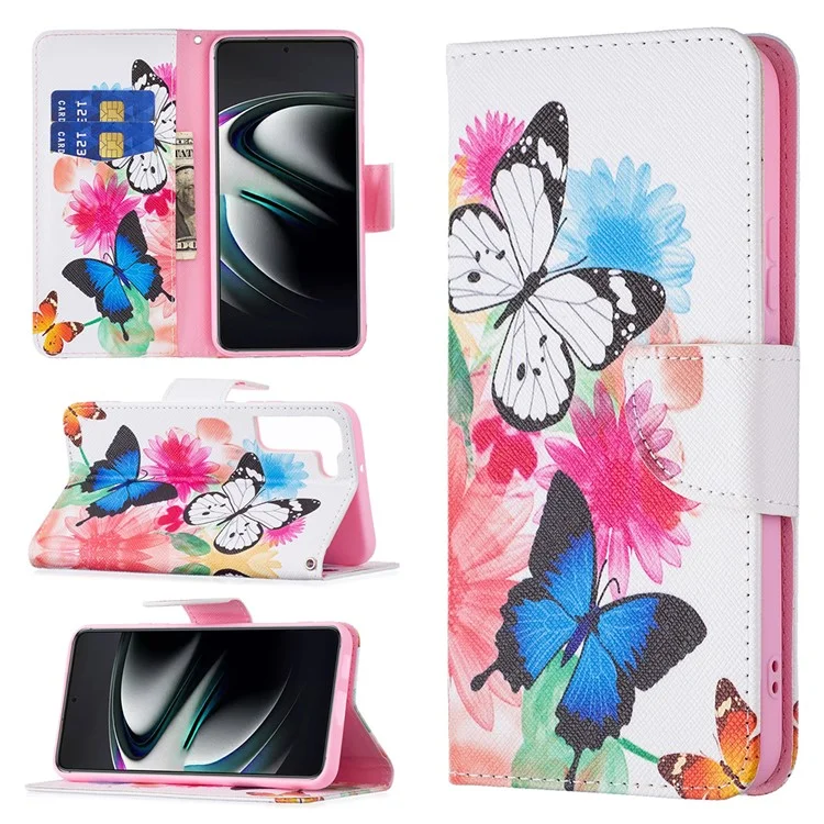 Musterdruck PU Leder Flip Wallet Hülle Stand Allround Protective Case Cover Für Samsung Galaxy S22+ 5g - Zwei Schmetterlinge