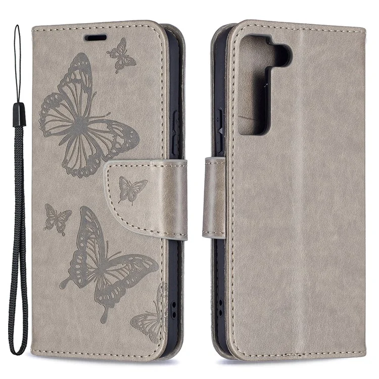 Imprinted PU Leather Magnetic Flip Case Wallet Stand Schockfestes Cover mit Riemen für Samsung Galaxy S22 5G - Grau