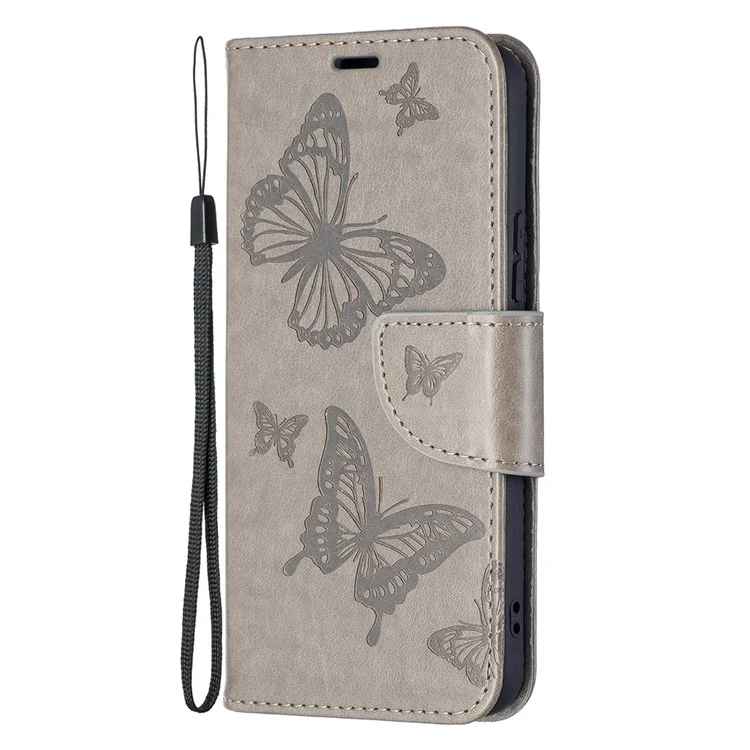 Imprinted PU Leather Magnetic Flip Case Wallet Stand Schockfestes Cover mit Riemen für Samsung Galaxy S22 5G - Grau