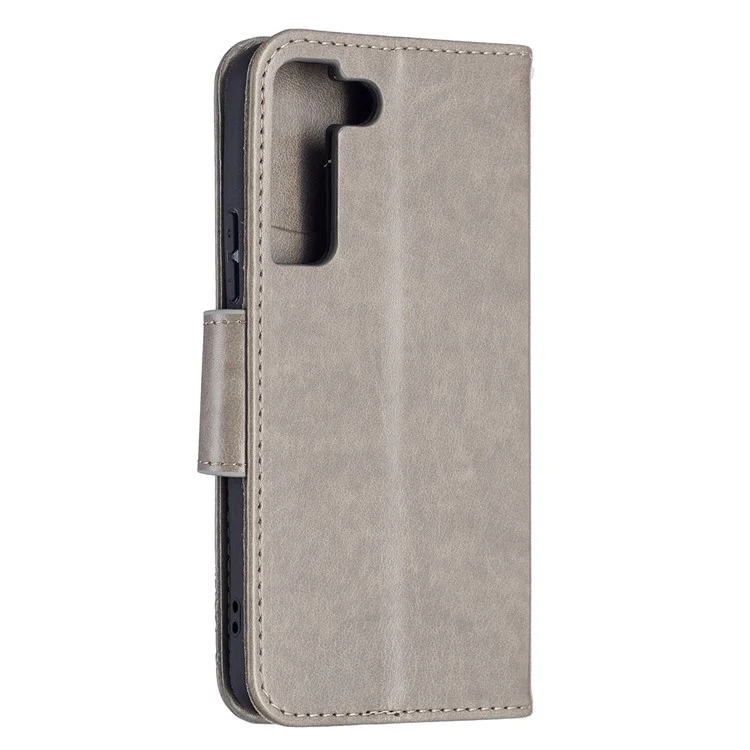 Imprinted PU Leather Magnetic Flip Case Wallet Stand Schockfestes Cover mit Riemen für Samsung Galaxy S22 5G - Grau