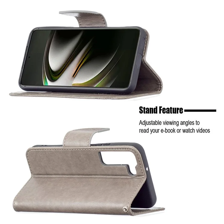 Imprinted PU Leather Magnetic Flip Case Wallet Stand Schockfestes Cover mit Riemen für Samsung Galaxy S22 5G - Grau