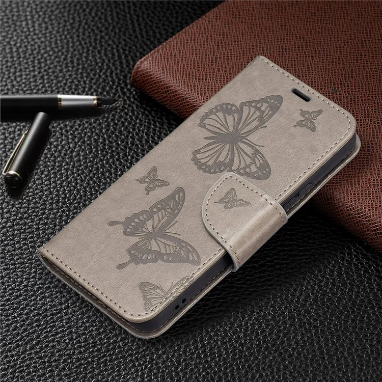Imprinted PU Leather Magnetic Flip Case Wallet Stand Schockfestes Cover mit Riemen für Samsung Galaxy S22 5G - Grau